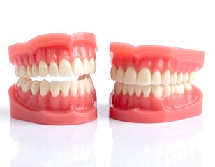 Obraz premium A dental model with two sets of human-like dentures on a white surface