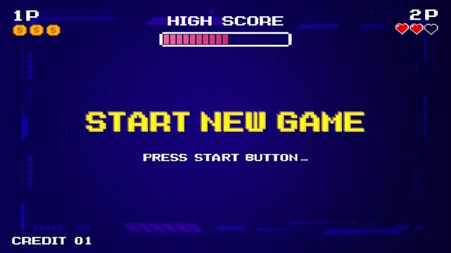 START NEW GAME. Retro pixelated arcade game console. 8-bit screen. Vintage 1980s game console.	