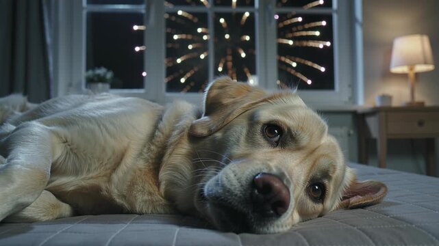 Calm dog observing vibrant fireworks display through bedroom window