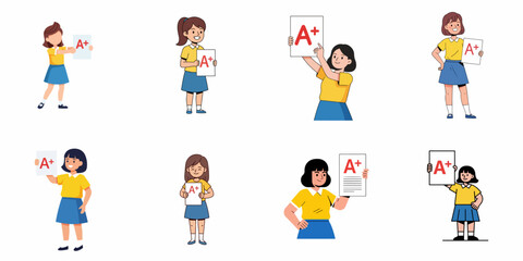 Fototapeta premium Eight Happy Schoolgirls Showing Excellent Academic Success by Proudly Displaying Their A+ Grades Illustrations Set.
