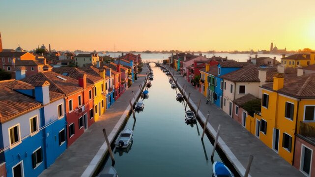 Aerial View Along Canal Between Colourful Buildings in Burano Italy