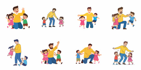 Fototapeta premium Collection of flat vector illustrations showing a joyful father playing, hugging, and interacting with his two young children, isolated on white.