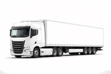 Modern white semi-truck with blank trailer on white background, showcasing sleek design and ideal for commercial transportation mockups