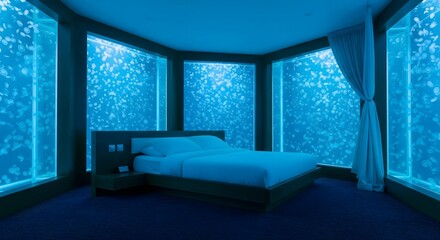 Cozy underwater bedroom with blue glowing windows and a comfortable bed