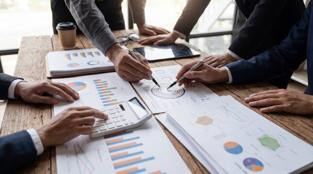 Business professionals collaborating around wooden table analyzing data with pens and calculator on transparent background