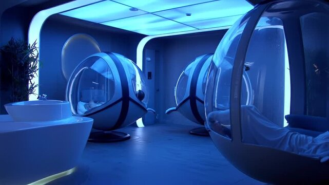 A futuristic spa room with blue ambient lighting and a person relaxing in a zero-gravity pod