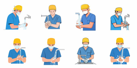 Collection of vector illustrations depicting doctors or surgeons performing thorough hand washing and surgical scrub hygiene routine before operation, wearing masks and scrubs.