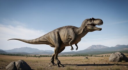 Obraz premium Tyrannosaurus Rex Roaming in a Prehistoric Landscape.