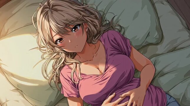 Animation of Pregnant Anime Woman Lying on Bed with Gentle Expression in Calm Bedroom Scene