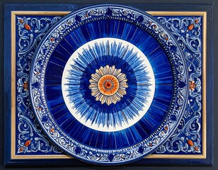 Fototapeta premium Ornate ceramic plate within a decorative blue and gold frame