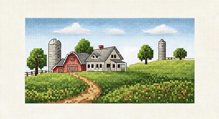 Serene farm landscape with rolling hills barn silos and farmhouse under blue sky