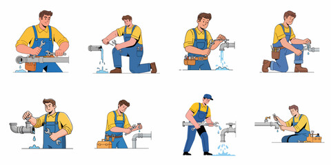 Fototapeta premium Plumbing Repair Services Set: Cartoon Plumber Character Fixing Pipes and Leaky Faucets with Tools and Wrenches.