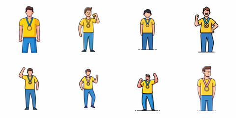 Collection of eight winner icons showcasing successful male athletes or champions wearing gold medals in outline style.