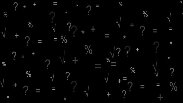 Abstract dark background with mathematical symbols like percent, plus, equals, and question marks floating in space, digital technology concept
