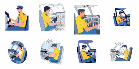 Airline Pilot in Cockpit Operating Flight Controls Vector Illustration Set © Muqodimatul