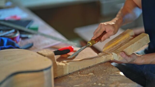 Skilled Craftsman Engaged in Woodworking with Chisel and Wood Block in Workshop, Creating Beautiful Handmade Wooden Items with Precision and Passion