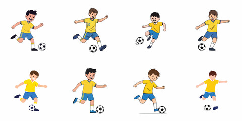Fototapeta premium Set of Cute Cartoon Boys Playing Soccer. Vector Collection of Young Football Players Running, Dribbling, and Kicking the Ball in Yellow and Blue Uniforms.