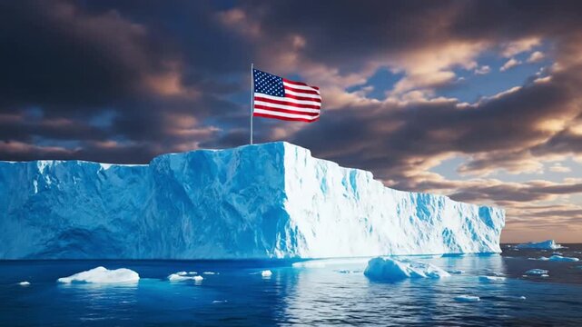 American flag on iceberg in icy waters with dramatic cloudy sky in cold blue lighting for environmental awareness