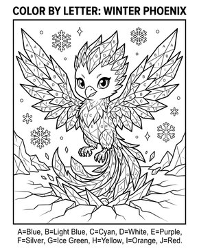 Color by code worksheets for kids math and coloring education Color by Letter Page: Enchanting Winter Phoenix Illustration Printable educational worksheets for classroom and homeschool use