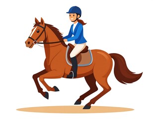 A woman rides a brown horse in a blue outfit