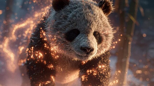 Close-up of a panda in snowy landscape with fire and spark effects Realistic digital art style, emphasizing pandas expression and interplay between fire and snow Dominant color palet - AI-Generated