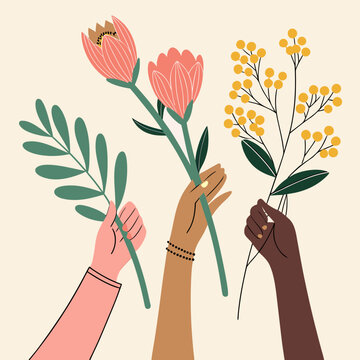 A colorful vector illustration of three hands holding flowers