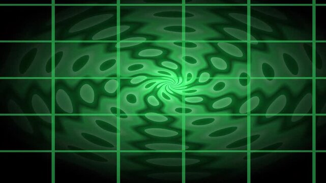 Green abstract vortex with concentric ripples and a grid pattern fading into neon glow. within frame