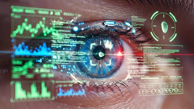 Focus on eye illuminated by holographic charts, Intimate view of eye showing scientific data reflections, Zoomedin image of eye with complex analytical graphics and targeting overlay