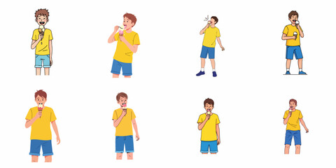Fototapeta premium Joyful boy eating ice cream cone vector set. Various poses and expressions of a child enjoying a cold summer sweet treat.