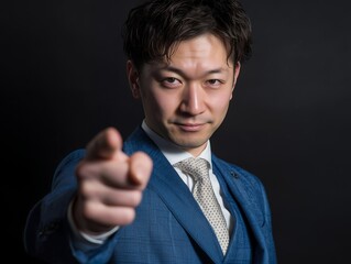自信に満ちた表情で指を差し行動を促すスーツ姿のビジネスマン