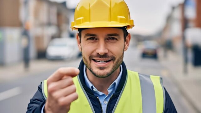 Confident construction worker gesturing and expressing in busy urban setting