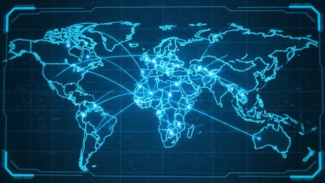 Abstract digital world map displayed on a blue illuminated screen