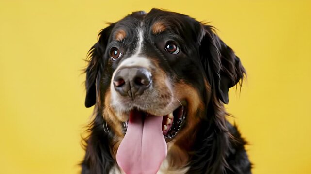 A charismatic, healthy bernese mountain dog gently pants, gazing with joy directly into the camera against a vibrant yellow studio background and soft bokeh, concept of comfort and well-being