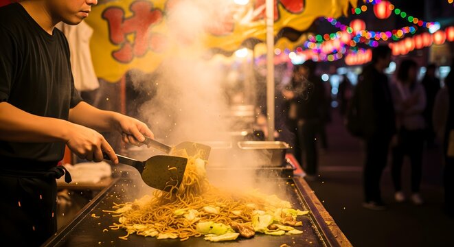 Chef Frying Yakisoba Noodles on Teppan Grill at Japanese Night Market Festival