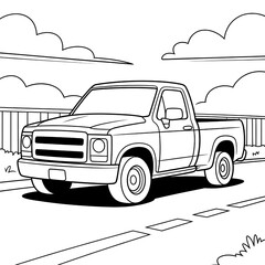 Black and White Outline Drawing of a Funny Pickup Truck: A Cartoon Style Coloring Page for Kids with Rustic Truck Scene in Simple Doodle Art
