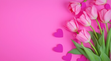 Fototapeta premium Pink tulips blooming with small heart shapes arranged on bright pink background, symbolizing love, romance, and spring celebration