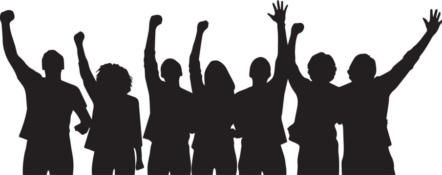 Group of diverse people raising fists in protest celebrating victory togetherness unity diverse community standing together