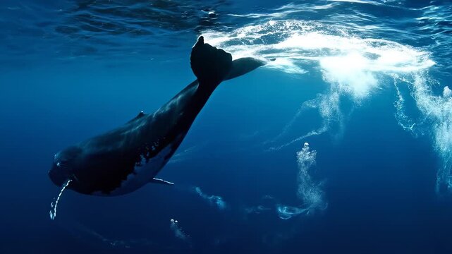 Whale swimming in deep blue ocean