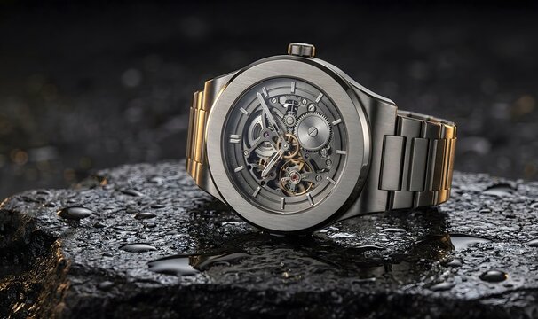 A sophisticated mechanical skeleton watch with a brushed metal case and bracelet is elegantly displayed on a dark, wet, textured rock surface, emphasizing its intricate gears and robust design.