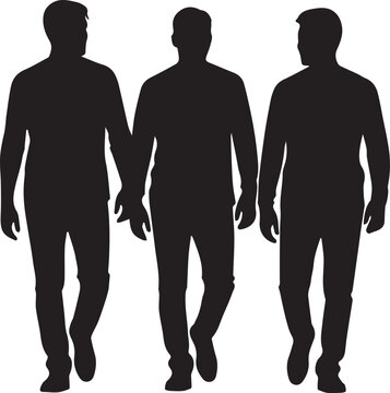Three men walking silhouette illustration together isolated on transparent background vector graphic