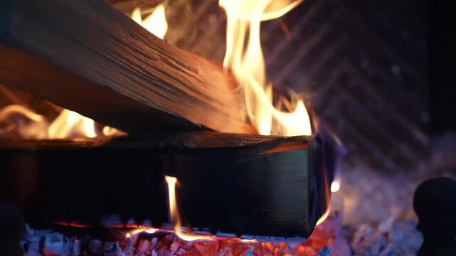 Close-up slow-motion flames wrapping a charred log over red-hot coals inside a fireplace insert, creating cozy winter ambience, heat, and relaxing home comfort.