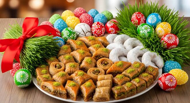 Festive Holiday Plate of Colorful Candies, Cookies and Pastries with Red Bow and Pine Decorations &ndash; Digital Art