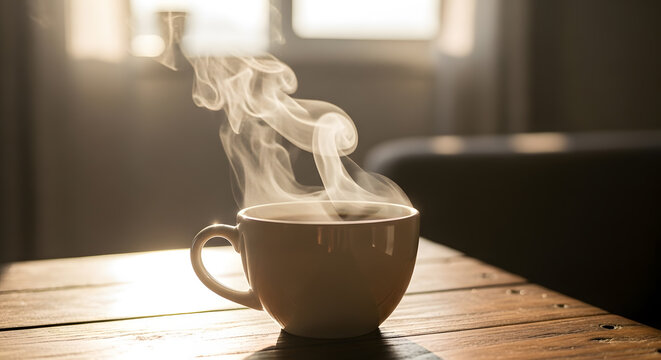 A white ceramic mug filled with steaming hot beverage placed on a wooden table with soft light coming through a window
