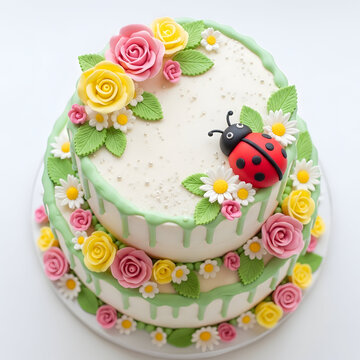 A charming two-tiered cake features white frosting with green drip edges. It is adorned with colorful pink and yellow flowers and a cheerful red ladybug.

