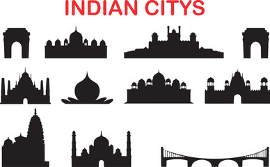 Fototapeta premium Black silhouette outlines show famous landmarks and historical structures from various Indian cities