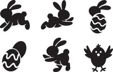 Collection of adorable black Easter bunny, decorated egg, and baby chick silhouettes on a white background