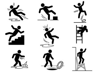 collage of various black stick figure icons illustrating different types of slip trip fall hazards
