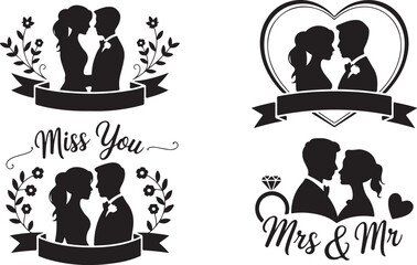 Fototapeta premium Romantic black silhouette icons of a bride and groom embracing within heart and floral frames