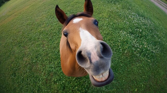 Funny horse smiling with open mouth showing teeth