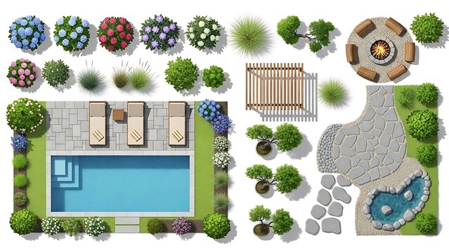 Beautiful backyard with pool and fire pit isolated on white background